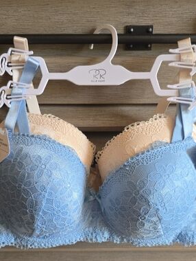 Rene Rofe Lace Push-Up Bra in Light Blue & Beige